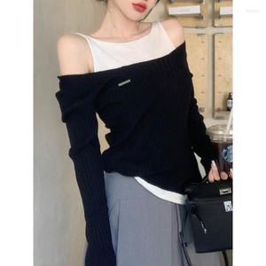 Women's T Shirts 2023 Spring For Women Fake 2 Pieces Tops Korean Style Shoulder T-Shirt Knitting Long-sleeved Elastic Tee Shirt