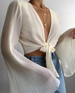 Women's Blouses Sexy Tops Women 2023 Trendy Fashion Tied Detail Bell Sleeve Top Plunge Long Plain Casual Female Clothing