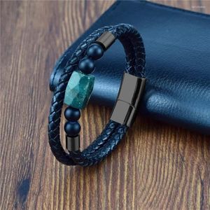 Strand Men's And Women's Bracelets Apatite Natural Stone Single Leather Bracelet Semi-precious Beaded Stainless Steel