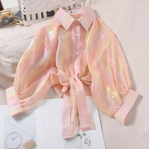 Women's Blouses Buttoned Up Shirt Shirts Women Half Sleeve Shinning Sparkles Tied Waist Sexy For 2023 Autumn