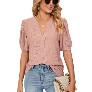 Ll blusas femininas verão casual com decote em v camisa de cor sólida oco manga bolha solta topo ll893