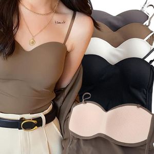 Camisoles & Tanks Sexy Summer Bra Ice Silk Crop Tops Sports Strap Vest Top Women Solid Color Built In Shoulder Sleeveless Camisole Underwear