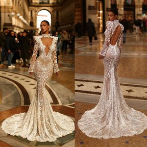 Luksusowe sukienki ślubne syreny koronkowe Iluzję aplikacje ślubne suknie ślubne