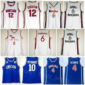 Camisas de basquete universitário 10 Jugoslavija 4 Drazen Petrovic Latvija 6 Kristaps Porzingis Kinder Bologna 6 Manu Ginobili Gonzaga 12 John Stockton Blue NCAA