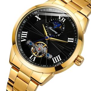 腕時計ゴールデンブラックツアービヨンオートマチックセルフウィンドメカニカルウォッチメンローマ数ムーンフェイズクロックオスのステンレス鋼の腕時計