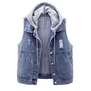 Gilet da donna Canotta da donna in denim primavera estate Canotta con cappuccio rimovibile Moda Blu Casual Canotta senza maniche ultra sottile Canotta Howdfeo 230329