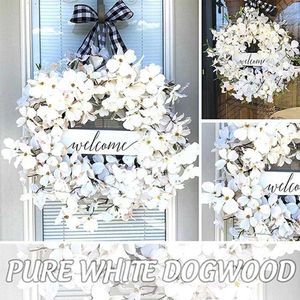 Flores decorativas grinaldas búfalo búfalo picante branco mola de dogwood com placa de boas-vindas Garland de ornamento da porta da frente pendurado para casa U7N4 P230310