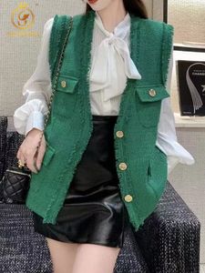 Kvinnors västar HMA Spring Full Matching Slim Fit Solid Tank Top Tweed Jacket TOP Women's Fashion Single Chest Tassel Coat 230329