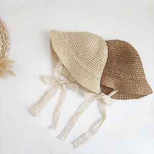 Caps Hats Moda Dantel Bebek Yaz Straw Bow Girl Cap Beach Children Panama Prenses ve Çocuklar için 1pc 230328