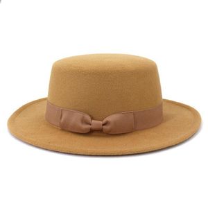 Cappelli a tesa avara Donna Bianco Beige Nero Panama Flat Top Fascia in nastro infeltrito Bowknot Cappellini da uomo all'aperto Matrimonio formale formale