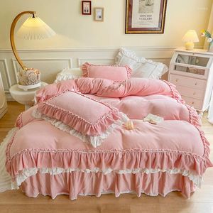 Bettwäsche-Sets im koreanischen Prinzessinnen-Stil, weiches Samt-Fleece-Set, doppellagige Rüschen, flauschiger, kurzer Plüsch-Bettbezug, Bettrock, Kissenbezüge
