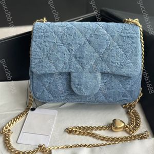 10A Ayna Kaliteli Tasarımcı Kalp Topu Zincir Çanta Mini Kare Bayan Mavi Demin Çanta Klasik Flap Kapitone Çanta Crossbody Omuz Askısı Kutu Çanta Altın Donanımlı