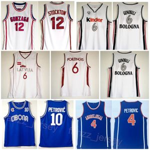 カレッジバスケットボールジャージー10 Jugoslavija 4 Drazen Petrovic Latvija 6 Kristaps Porzingis Kinder Bolgna 6 Manu Ginobili Gonzaga 12 John Stockton Blue White Ncaa