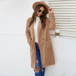 Frauen Wollmischungen Mode Gelb Wollmantel Jacken Für Frauen Winter Taschen Lange Outwear Weiche Weibliche Kleidung Büro Damen Streetwear