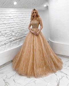 Champagne evening dresses scoop neck beading long formal prom party gowns cap sleeve dresses for special occasions backless evening gown