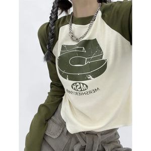 Damen T -Shirt Vintage Y2K Patchwork Shirts Frauen Hippie O Hals Streetwear Langarm Shirts Female Kpop Retro Korean Fashion Crop Ops 230329