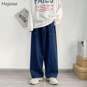 Мужские джинсы мужчины широкие джинсы для ног мешковатые ретро-синие японские простые досуг Стильный мягкий карман с полным матчем большие размеры S-3XL Solid-Fashion 230329