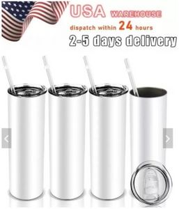 US Warehouse Sublimation Blanks Tumblers 20oz Stainless Steel Straight Blank white with Lids and Straw Heat Transfer Cups Water Bottles 25pcs/carton