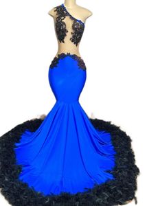 2023 Árabe Aso Ebi Blue Mermaid Prom Dress Dress Lace Feather Evening Festa formal Festa de segunda recepção Vestidos de noivado de aniversário Robe de soiree