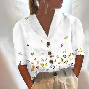 女性のブラウスレディースプリントボタンダウンシャツのクラシックショートロングスリーブの綿の夏のトップス