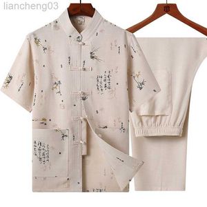 Men's Tracksuits Classic Men Embroidery Wushu Clothing Vintage Short Sleeve Taichi Uniform Summer Cotton Male Tang Suit Causal Dragon Shirt 3XL W0329