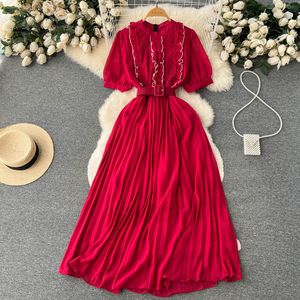 2023 Summer New Dress Premium Contrast Wood Ear Fringe Dress Short Sleeve Wrapped Waist Large Swing Temperament Pleated Long Dress