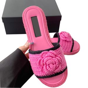 Womens Flat Heels Slippers Designer Cashmere Thread Handmade Crochet Sandals With Flowers Slide Ladis Slip On Mule Flip Flops Classic Fuchsia Casual Shoe As A Gifts