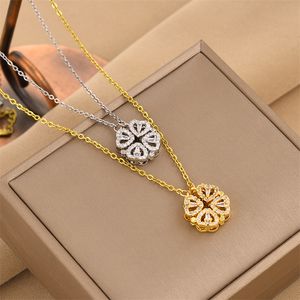 Pendant Necklaces Designer New Double Wear Heart Necklace Womens Opening and Closing Zircon Fourleaf Clover Fashion Heart Folding Creative Clavicle Chain 0y