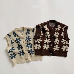 Weste Frühling Kinder Ärmellose Strickweste Mode Blumendruck Mädchen Strickweste Vintage Kinder Pullover Jungen Strickjacke Weste 230329