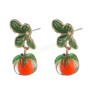 Kreative Persimone Orange Farbe Blume Blatt Ohrstecker Für Frauen Malerei Öl Glasierte Glas Ohrringe Schmuck Zubehör