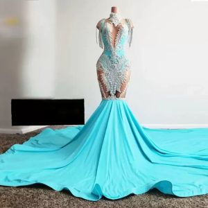 Baby Blue Sexy See Through Mermaid Prom Dresses 2k23 lace Appliques Beads Tassels Cap Sleeve Evening Gowns Formal Party Dress Custom made