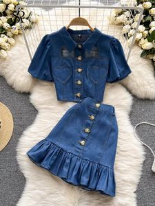 Двух кусочков Singreiny French Style Denim Women Set Set Lummer Single Breads Lype Tops Midi a Line Юбка с двумя частями 230329