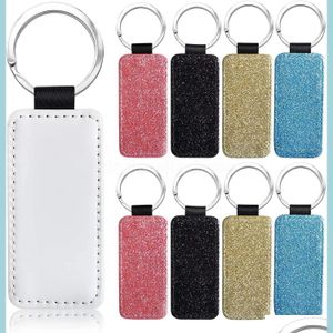 Party Favor Sublimation Blanks Keychain Glitter Pu Leather Heat Transfer Keyring Round Heart Rec Square Can Custom Drop Delivery Hom Dhbmo