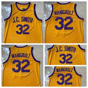 映画テレビバスケットボール32 JCスミスジャージーは、ドンチードルアールマニゴーカレッジ大学刺繍とステッチされた黄色のシャツチームのスポーツファンマンNCAAを展示しています