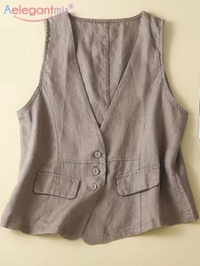 Women's Vests Aelegantmis Cotton Linen Women's Sleeveless Summer Vest Coat V-neck False Pocket Button Retro Thin Belt Women's 230329