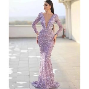 Principessa maniche lunghe Sparkle Mermaid Prom Dresses Vestidos De Fiesta Elegante abito da sera con scollo a V Glitter paillettes Petto Design Guest Dress Abiti da festa