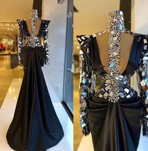 Dubai Black High Neck Crystal Evening Dresses 2023 Långärmad afrikansk satin plus storlek Mermaid Formal Prom Party Gowns Robe de Soiree J0329
