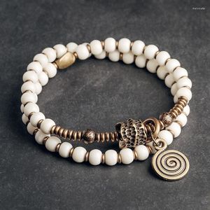 Strand tibetansk handgjorda yak benpärlarmband hamrade vintage mässing charm zen buddhism helande bön energibalans gåva för henne