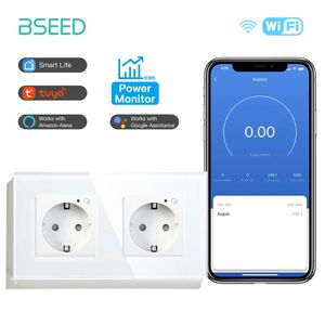 Dual BSeedenchufes socket with WiFi, suitable for European standard wall 16A 110V250V power monitor glass panel, compatible with Tuya Google and Alexa Z0327