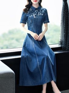 Casual Dresses Tiyihailey Women Long Mid-Calf Short Sleeve Denim Summer Dresses M-3XL Chinese Style broderi Cheongsam 230329