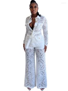Ethnic Clothing African Clothes For Women Two Piece Set Tops And Wide Leg Pant Suits Fashion Lace See Through Sexy Africa Kanga Outfits