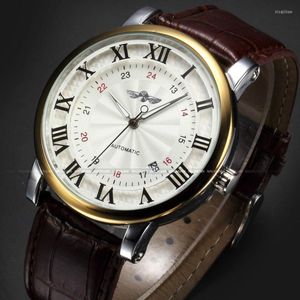 Wristwatches Rome Number Fashion Casual Men Retro Watch Top Brand Gold Sports Spontaneous Winding Automatic Mechanical Calendar Leather