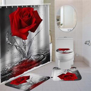 Duschvorhänge Rosenblumenvorhang-Set Rutschfeste Teppiche Badematte Toilettendeckelabdeckung und 12 Haken Wasserdichtes Polyester Badezimmerdekoration 230329