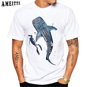 Mens tshirts galáxia tubarão balear aquarela engraçada Camiseta curta Manga curta Viagens de mergulho de praia brancas camisetas casuais vidas marítimas