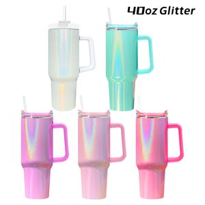 40oz Sublimation Glitter Stainless Steel Tumblers with handle Water Bottle Portable Outdoor Sports Cup Beer Mug Insulation Travel Vacuum Flask Bottles Z11