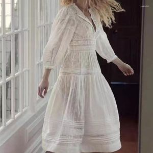 Casual Dresses Women White Cotton Long Dress 2023 Lace Rose Embroidery Puff Sleeve Temperament Lady Midi