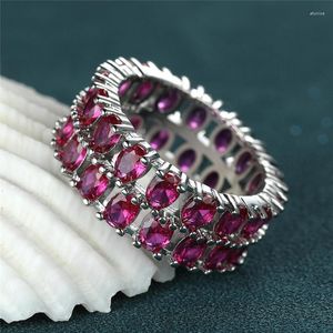 Wedding Rings Rose Red Crystal Oval Stone Ring Double Row Zircon Engagement Classic Silver Color For Women Fashion Jewelry
