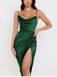 Casual Dresses 2023 Summer Satin Dress Split Adjustable Strap Ruched Cowl Neck Zipper Female Party Elegant Sexy Woman Vestidos