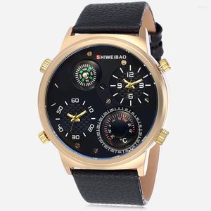 Armbandsur Big Golden Case Mens Watches Dual Times Military Wrist Watch for Men Luxury Leather Strap Sports Relogio Masculino Clock Man