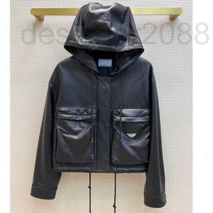 Women's Leather & Faux Designer Higher version womens leather jacket Metal Triangle Embroidery hooded jackets Windbreaker Zipper Cardigan coats CW3M